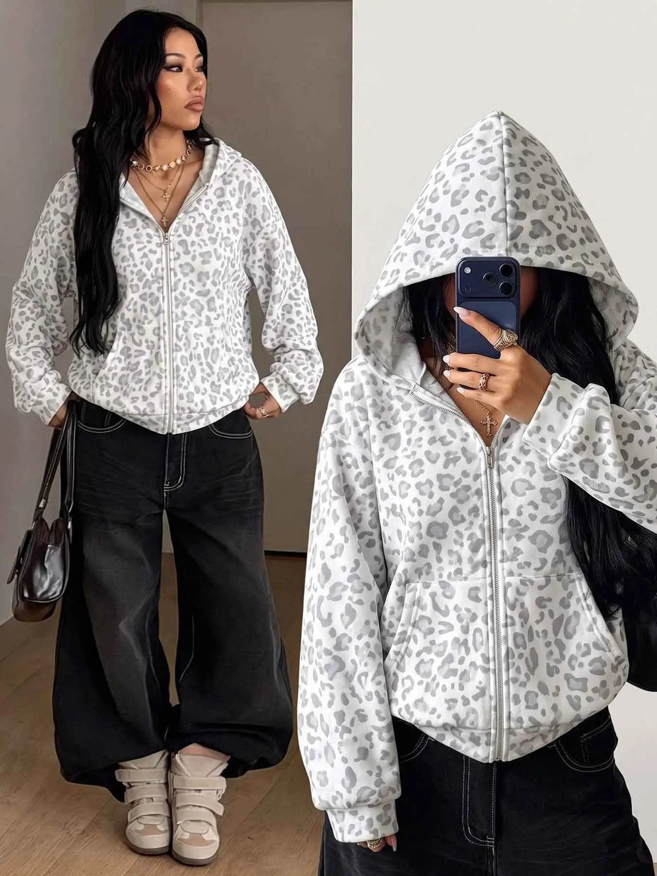 Y2K White‑Grey Leopard Print Zip‑Up Cropped Hoodie for Women, Oversized Loose Fit Drawstring Short Hooded Sweatshirt, Streetwear Full‑Zip Outer Top for Daily & Street Look #springsaledeals2026 #summeroutfits #tiktokshopmademebuyit #croppedleopardhoodie