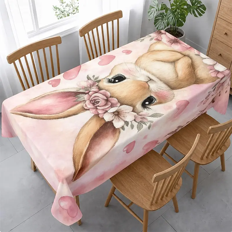 Cute Bunny Floral Tablecloth, Sweet Rabbit Pattern, Create a Cozy Dining Atmosphere, Perfect for Family Meals and Home Decor, Add Warmth to Your Kitchen, Water Resistant, Heat Resistant, Easy Clean