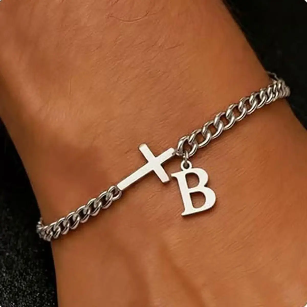 Loveden 2026 New Men's Trendy Bracelet, Simple Cross & Custom Initial Charm Cuban Link Bracelet, Minimalist Stainless Steel Chain, Casual Fashion Jewelry for Daily Wear, Perfect Father's Day Gift for Him