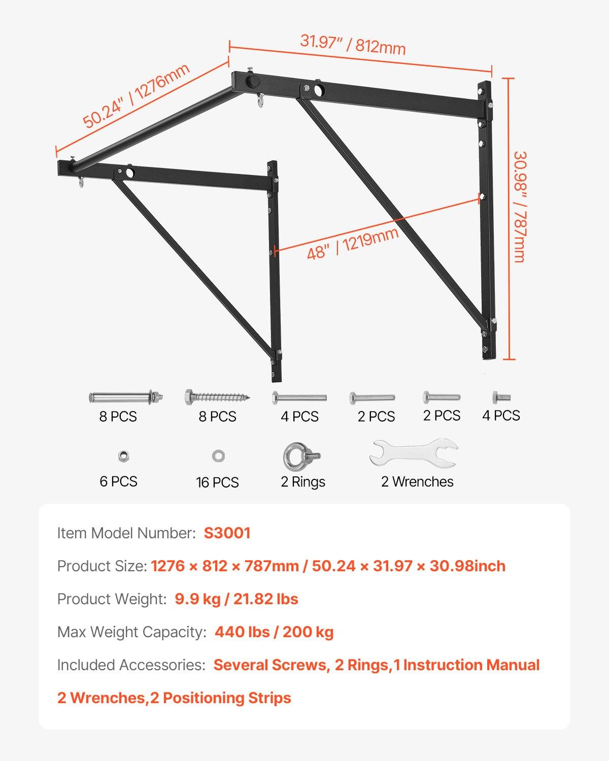 VEVOR Pull Up Bar, 50 in Width Wall Mounted Pull Ups, Adjustable Depth 22" or 30" from Wall, Heavy Duty Steel Upper Body Workout Bars, 440 lbs Weight Capacity Chin Up Training Station, for Home Gym