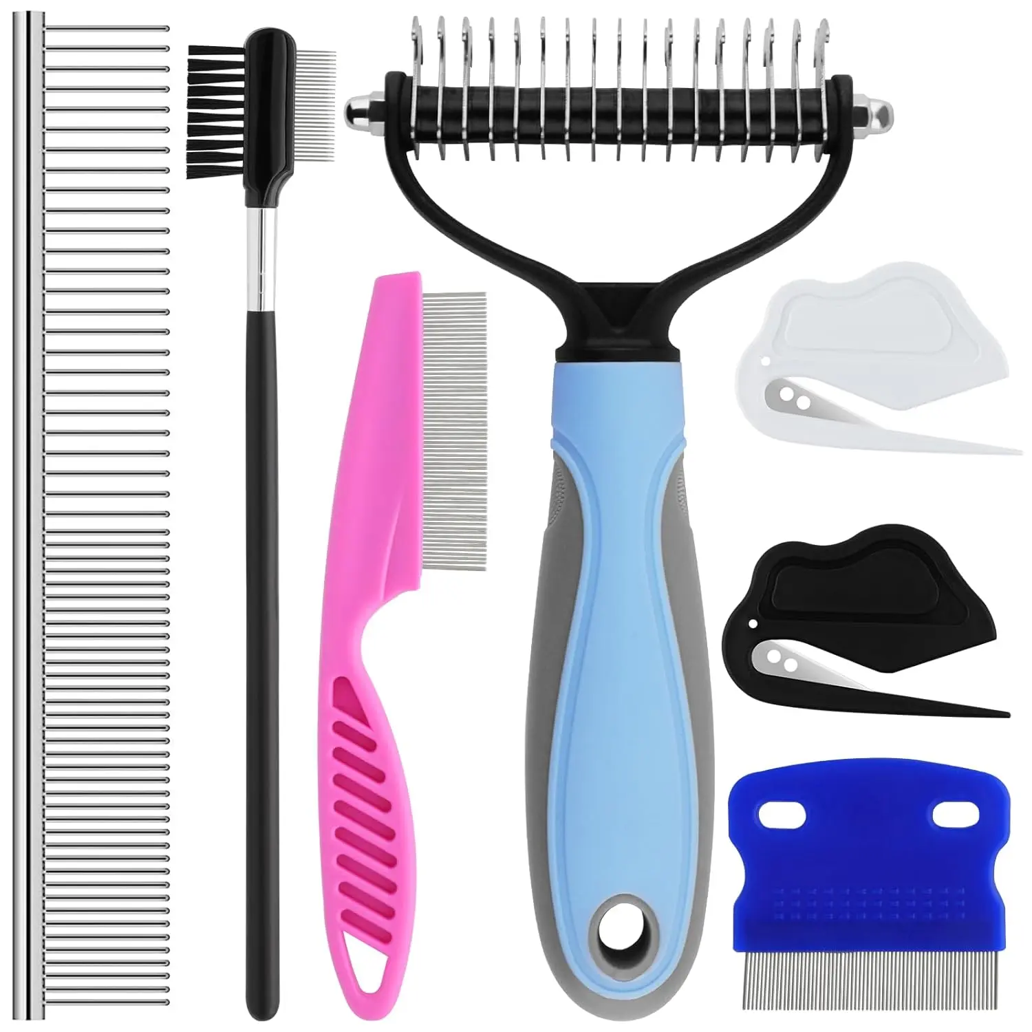 7 Pack Pet Grooming Brush Set, Double Sided Dematting Undercoat Rake, Deshedding Comb Kit for Dogs & Cats, Flea Comb, Knot Opener, Fine-Tooth Comb, Tear Stain Comb Pet Supplies