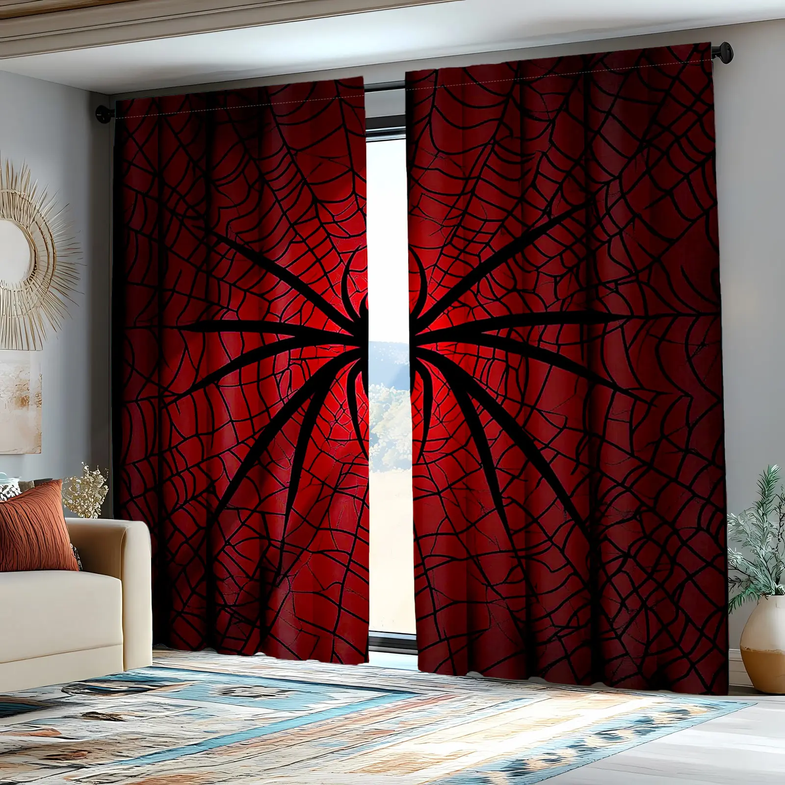 2-piece set of superhero spider web blackout curtains| Red and black hollow design, suitable for bedrooms and living rooms, 100% polyester fiber, machine washable, cordless, pole less pockets easy install curtain baby shower grommet panel single rod windo