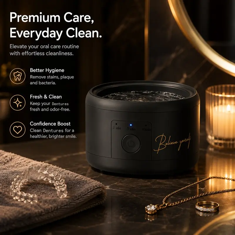 Portable Sonic Denture Cleaner, 3 Modes Deep Cleaning Machine for Retainers Mouth Guards & Jewelry, USB Rechargeable Soaking Box for Travel Home
