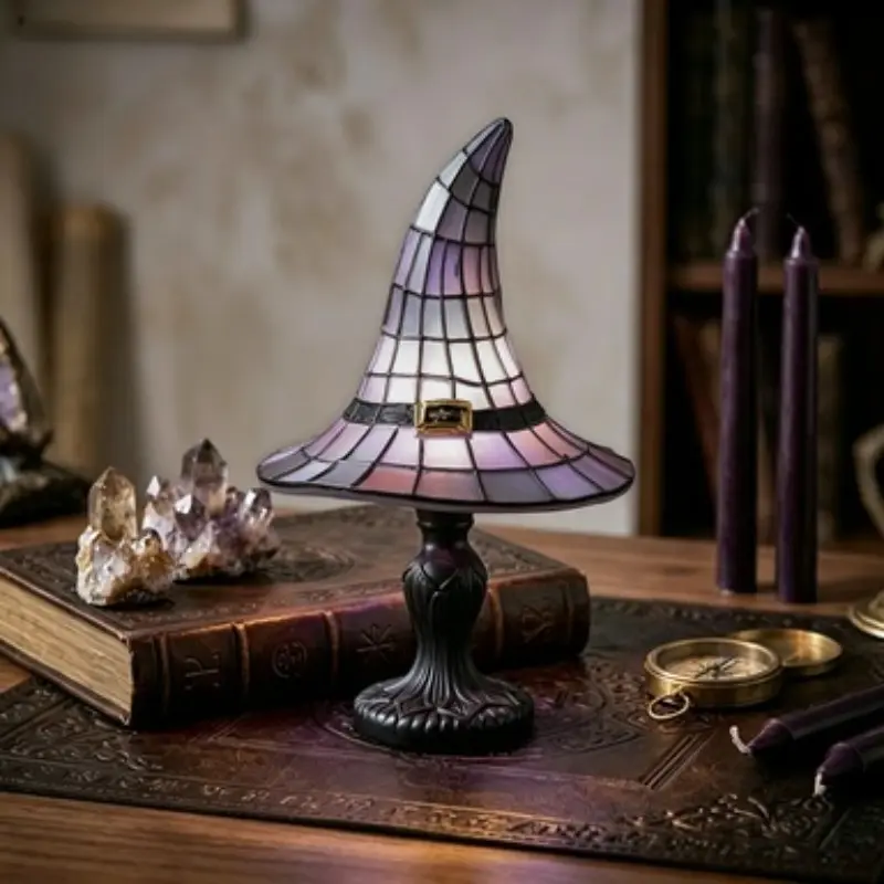 Witch Hat Lamp, Stained Glass Halloween Table Lamp with Warm Glow, Gothic Witch Decor Night Light for Bedroom, Bookshelf, Entryway and Halloween Party