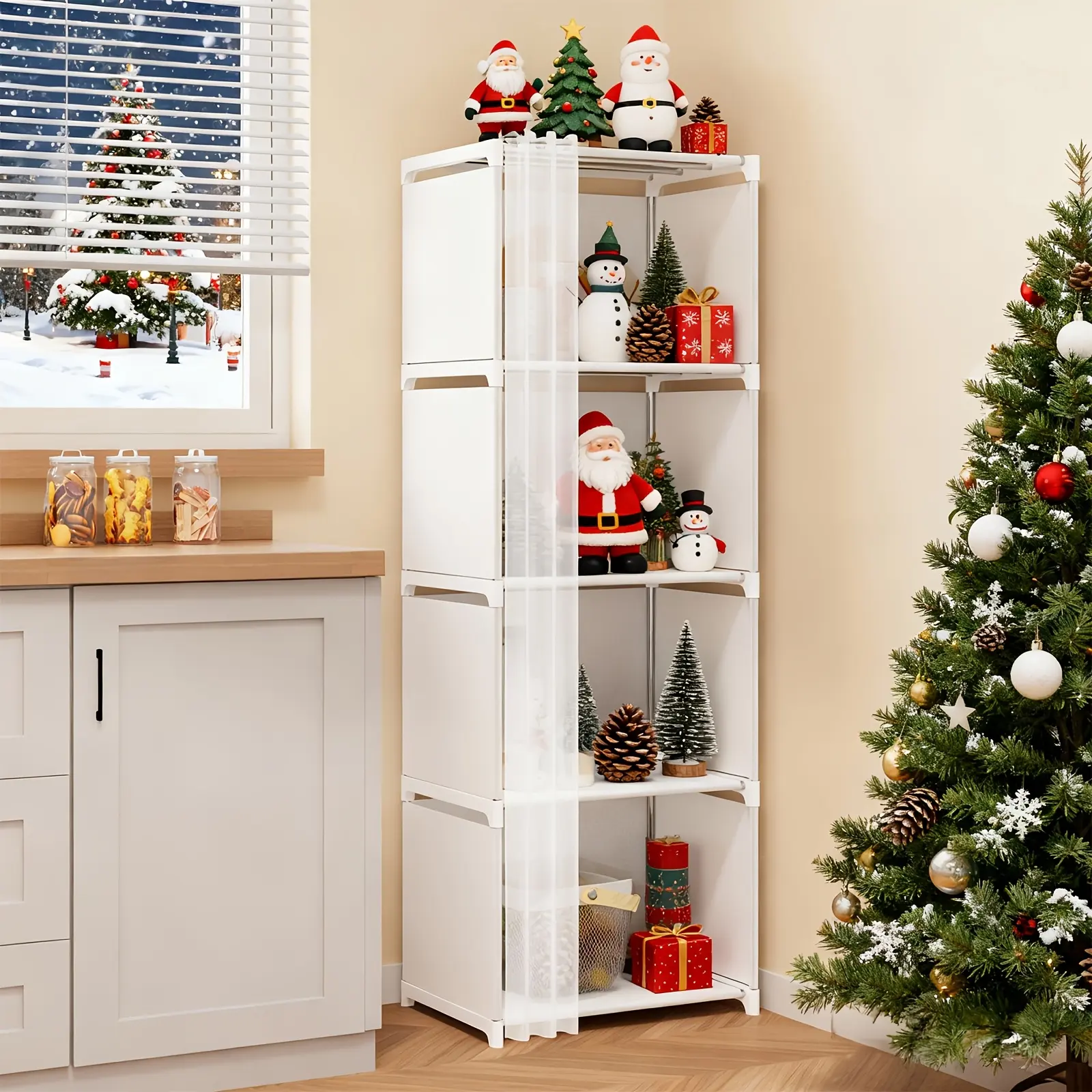 Four-layer / five-layer floor-standing bookshelf storage cabinet, a household clothing storage cabinet, a multi-functional open shelf, Indoor bookshelf, suitable for offices, dormitories and living rooms, in black and white color scheme