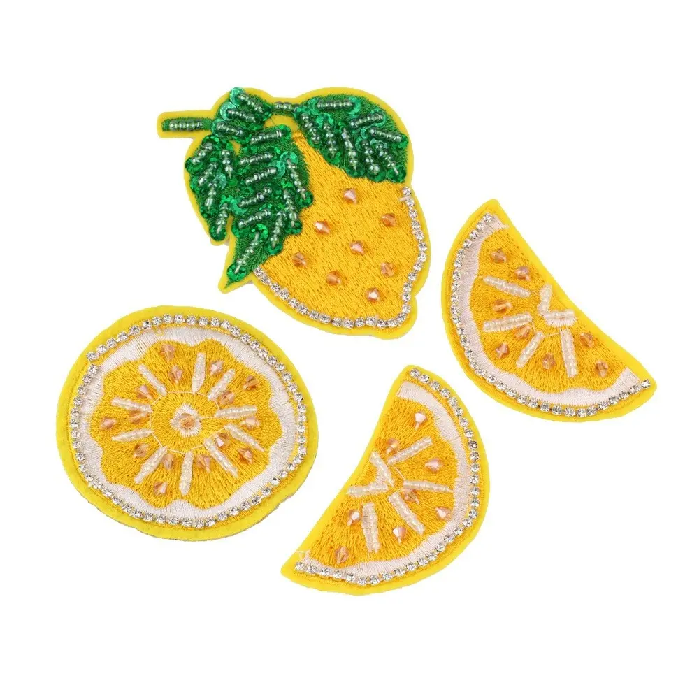 4pcs Lemon Embroidery Fabric Patches, Beaded Crystal Decorative Flower Stickers, DIY Craft Supplies, Handmade Decoration Materials