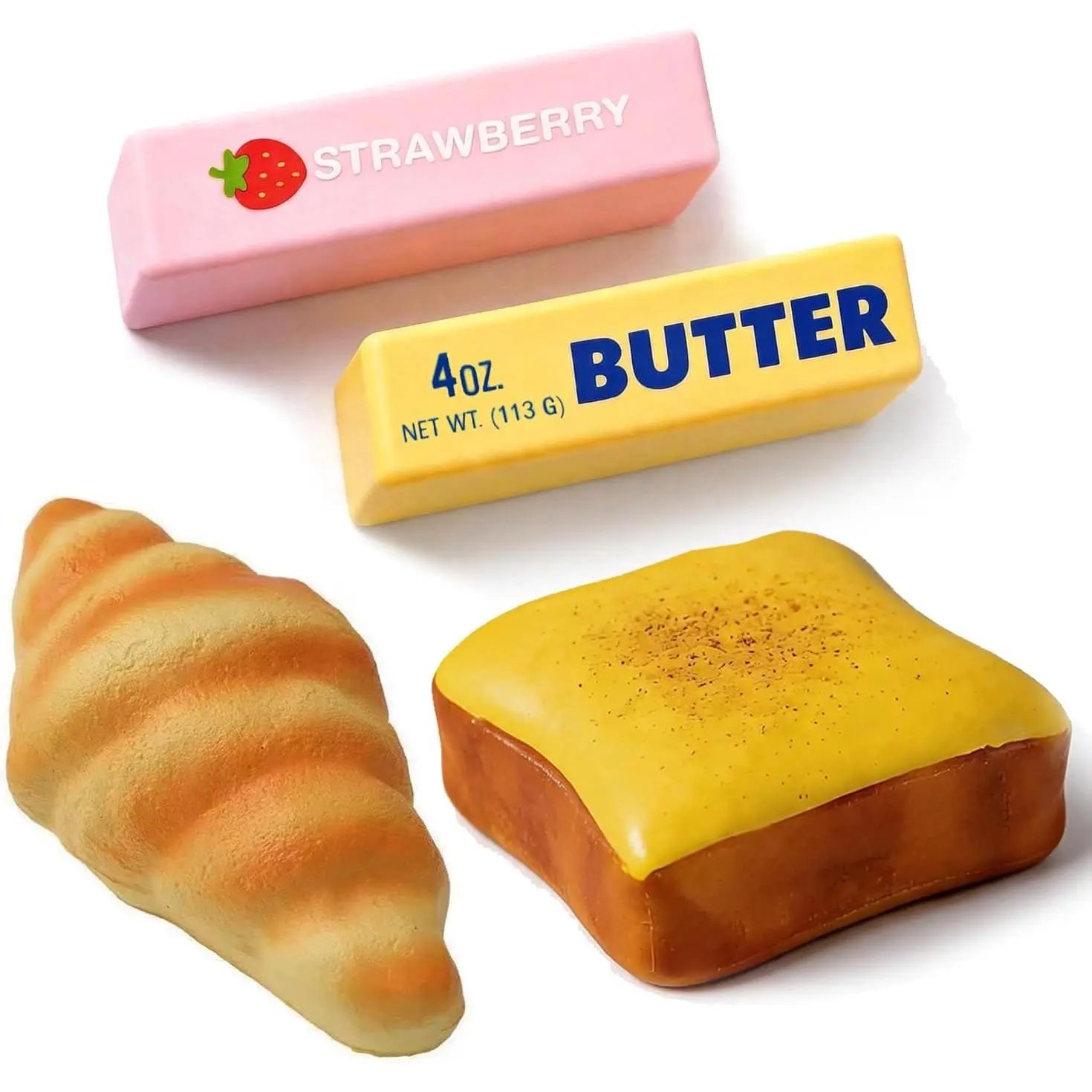 4Pcs Squishy Toys Set, Slow Rising Butter Squishy, Toast Bread and Croissant Squishies, Soft PU Foam Squeeze Toys for Stress Relief, Fidget Toys, Party Favors, Desk Toys, Gifts for Adults