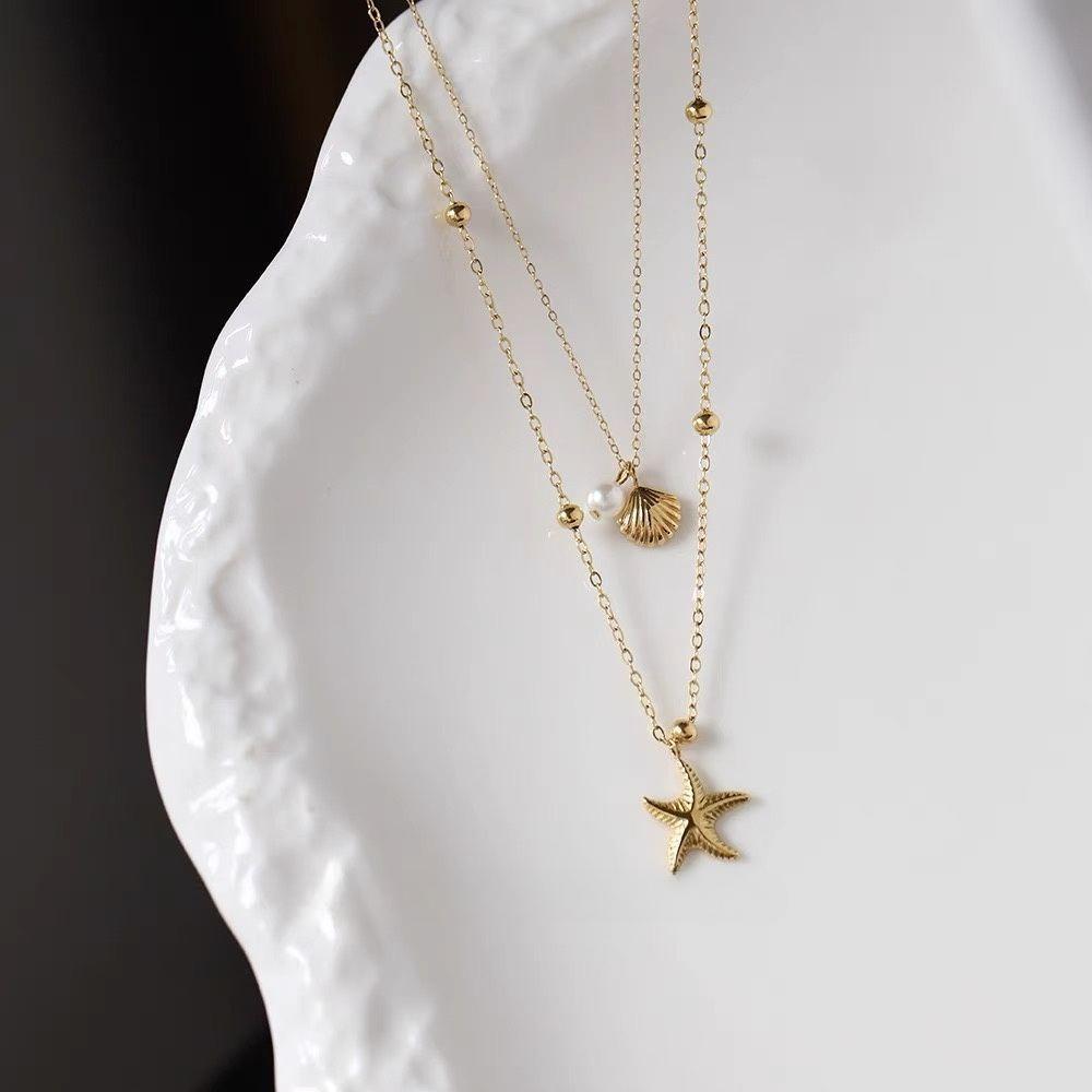 Necklace for Women,Layered Starfish Conch SeaShell Pearl Pendant Charm Necklace Stack Waterproof Dainty Beach Jewelry for Summer Vacation Necklace for Women,Layered Starfish Conch SeaShell Pearl Pendant Charm Necklace Stack Waterproof Dainty Beach Jewelry for Summer Vacation