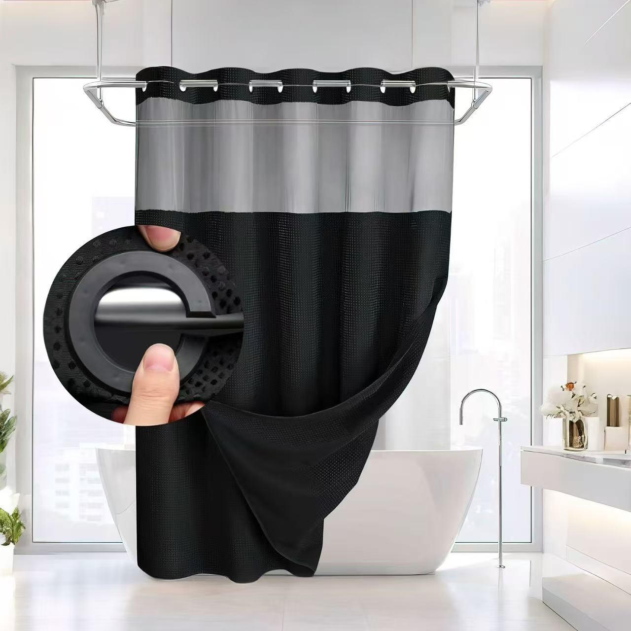 Waffle No Hook Double Layer Solid Color Shower Curtain with Sheer Waterproof Polyester Bath Curtain Detachable Suitable for Hotel Bathroom Partition