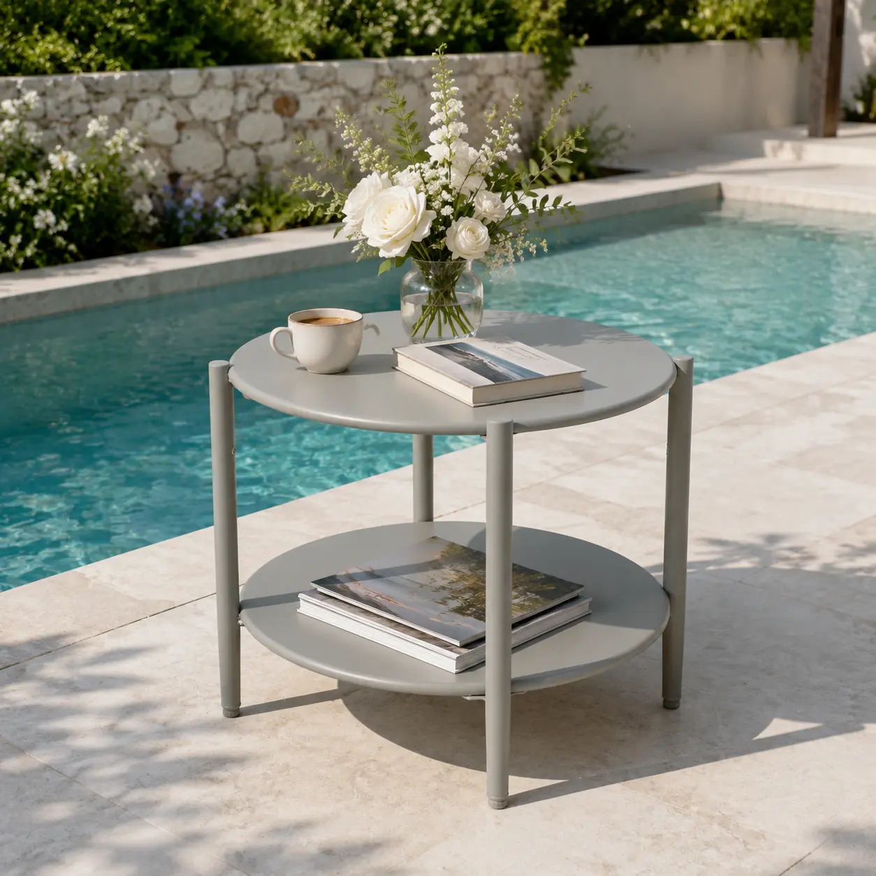 Nokaa Modern Round Outdoor Coffee Table 2-Tier Patio Accent Table with Hand-Woven Rope Shelf, Sturdy Powder-Coated Iron Frame, Low Cocktail Table for Garden, Balcony, Poolside, Rust Resistant, Grey Color, Iron Material, American Traditional