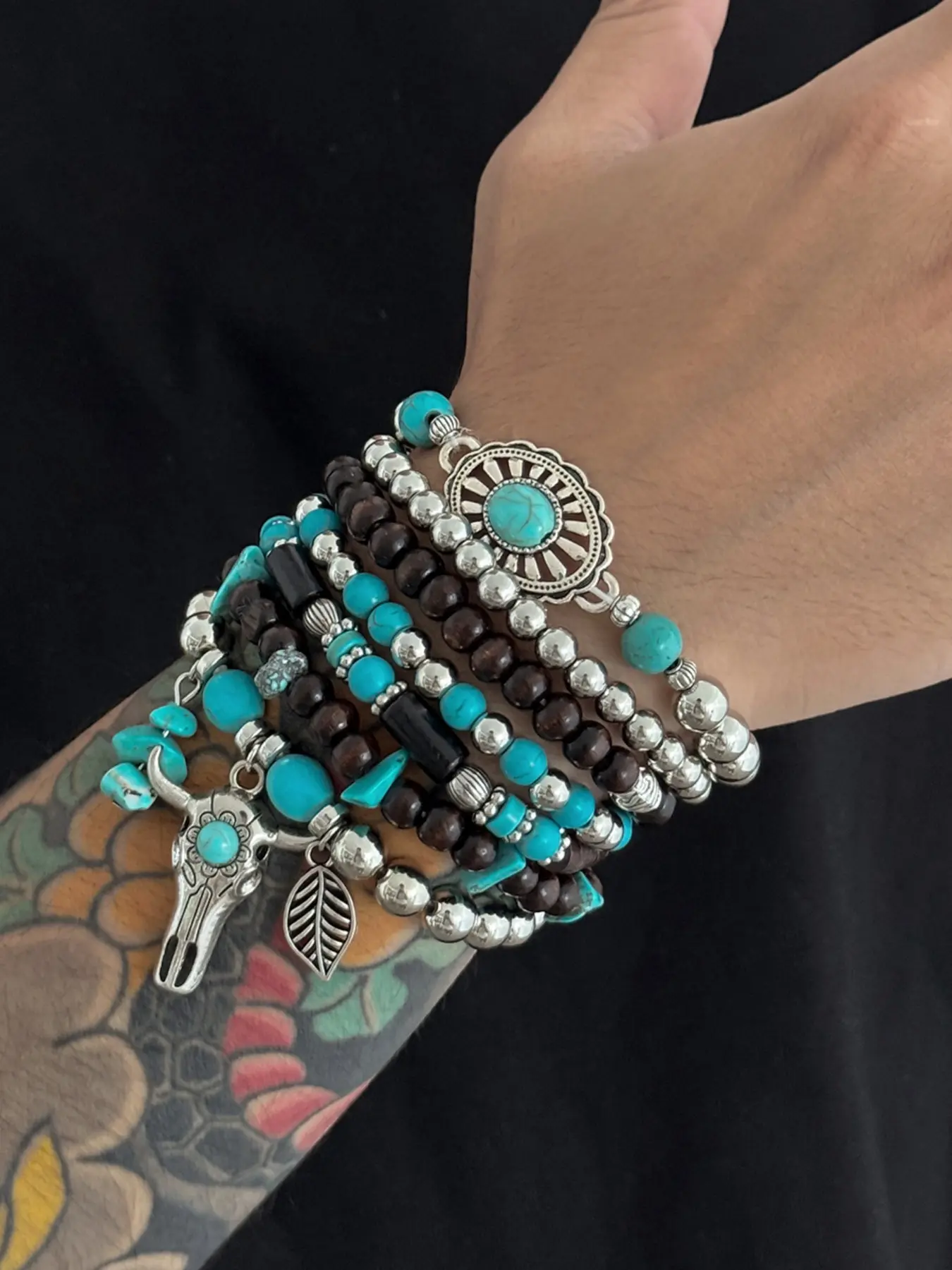 Men's Western Cowboy Style Bracelet Set, Vintage Wooden Beads with Turquoise Inlay, Multi-Layer Cow Head Pendant, Unisex Boho Jewelry