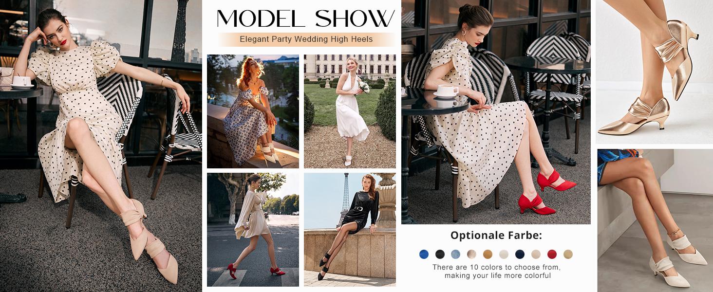 Fashare Women's Kitten Heel Dress Shoes Pointed Toe Slip-On Ankle Strap Cutout Elegant Party Wedding Pumps Classy Footwear