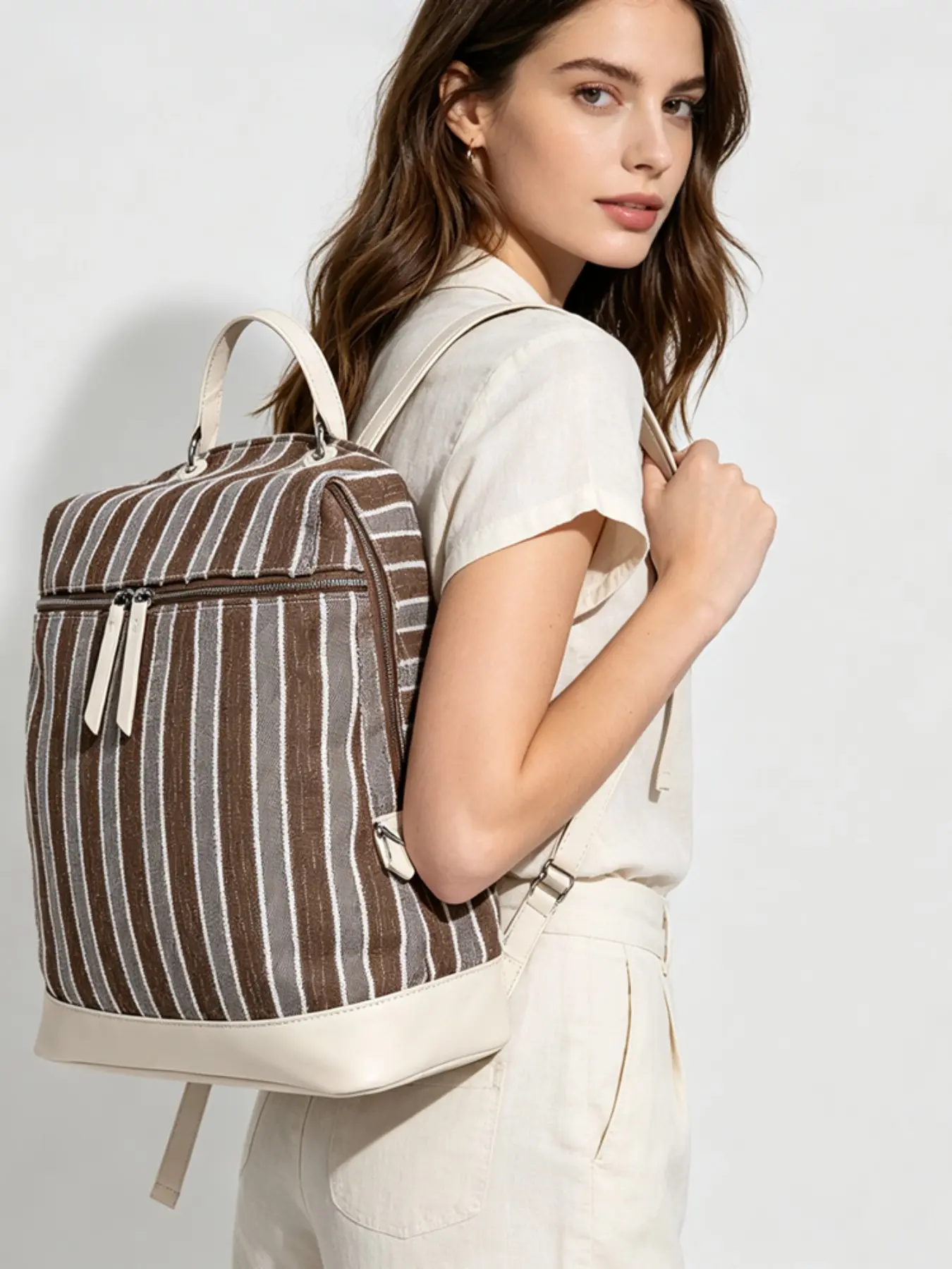 Korean Retro Striped Canvas Backpack, Large Capacity Lightweight Commuter Bag, Casual Student Bookbag, Blogger Style