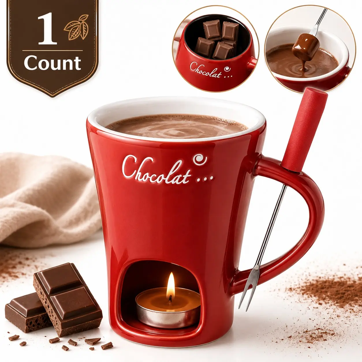 Multifunctional Ceramic, Porcelain Chocolate Fondue Set with Fork - White Non-Stick Melting Cup, Compact Portable, Ideal for Chocolate/Cheese/Caramel, Durable Easy-to-Clean, Compatible with Paraffin, Wax, Gel & Oil, Romantic Gift for Date/Birthday/Wedding