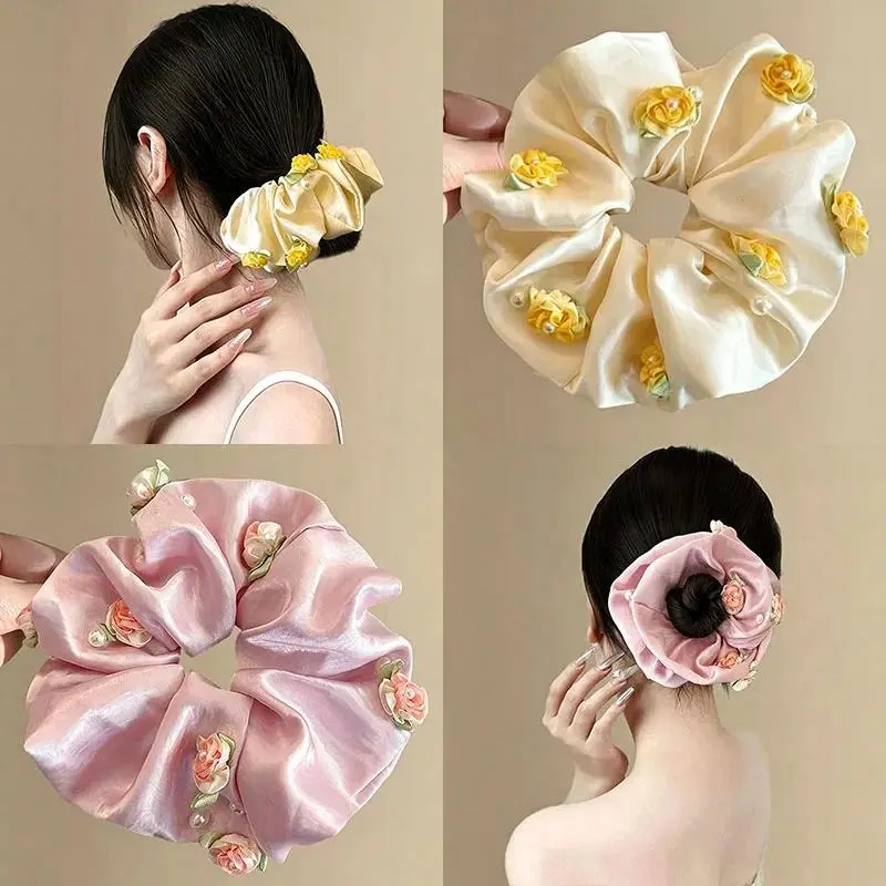 Elegant Flower Ribbon Wide Scrunchie For Women Girls Sweet Ponytail Holder Hair Tie Hair Band Hair Ring Fashion Hair Accessories