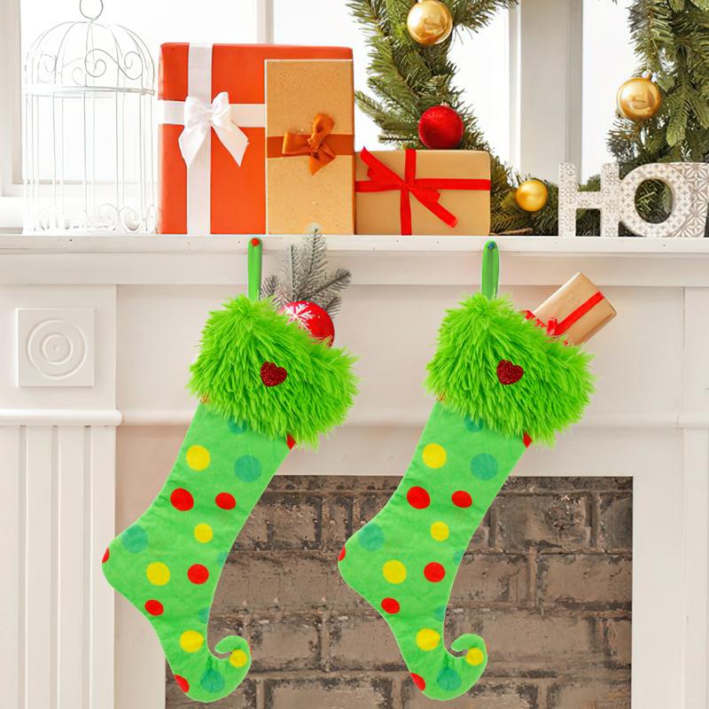 In-Stock Grinch Christmas Green Plush Stockings - Window Hanging Ornaments for Home Decoration