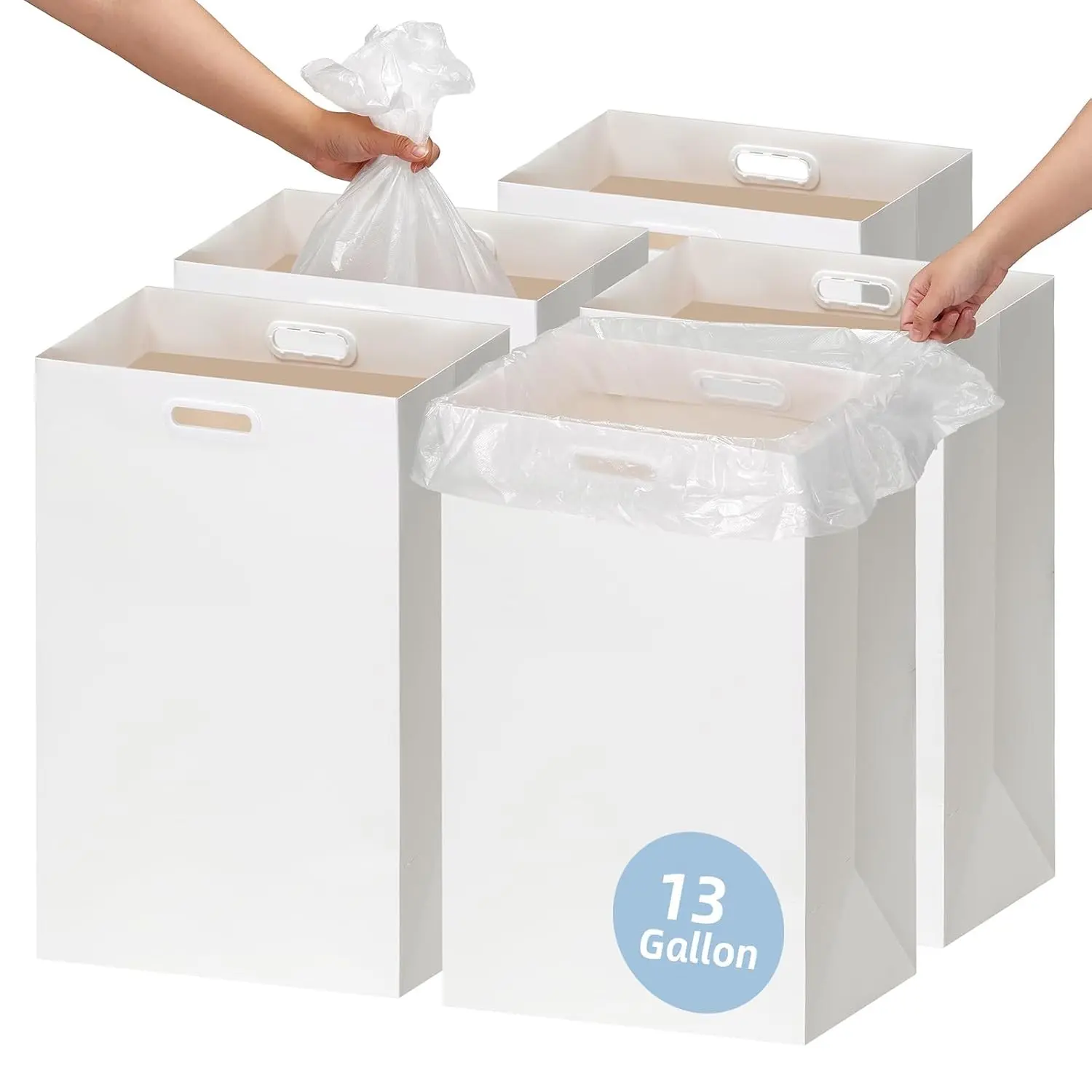 WIFTREY 13 Gallon Disposable Trash Cans for Parties 5 Pack, Collapsible Waterproof Thick Cardboard Bins with Handles, Reusable or Single-Use for Camping, Event, Kitchen Recycling, White