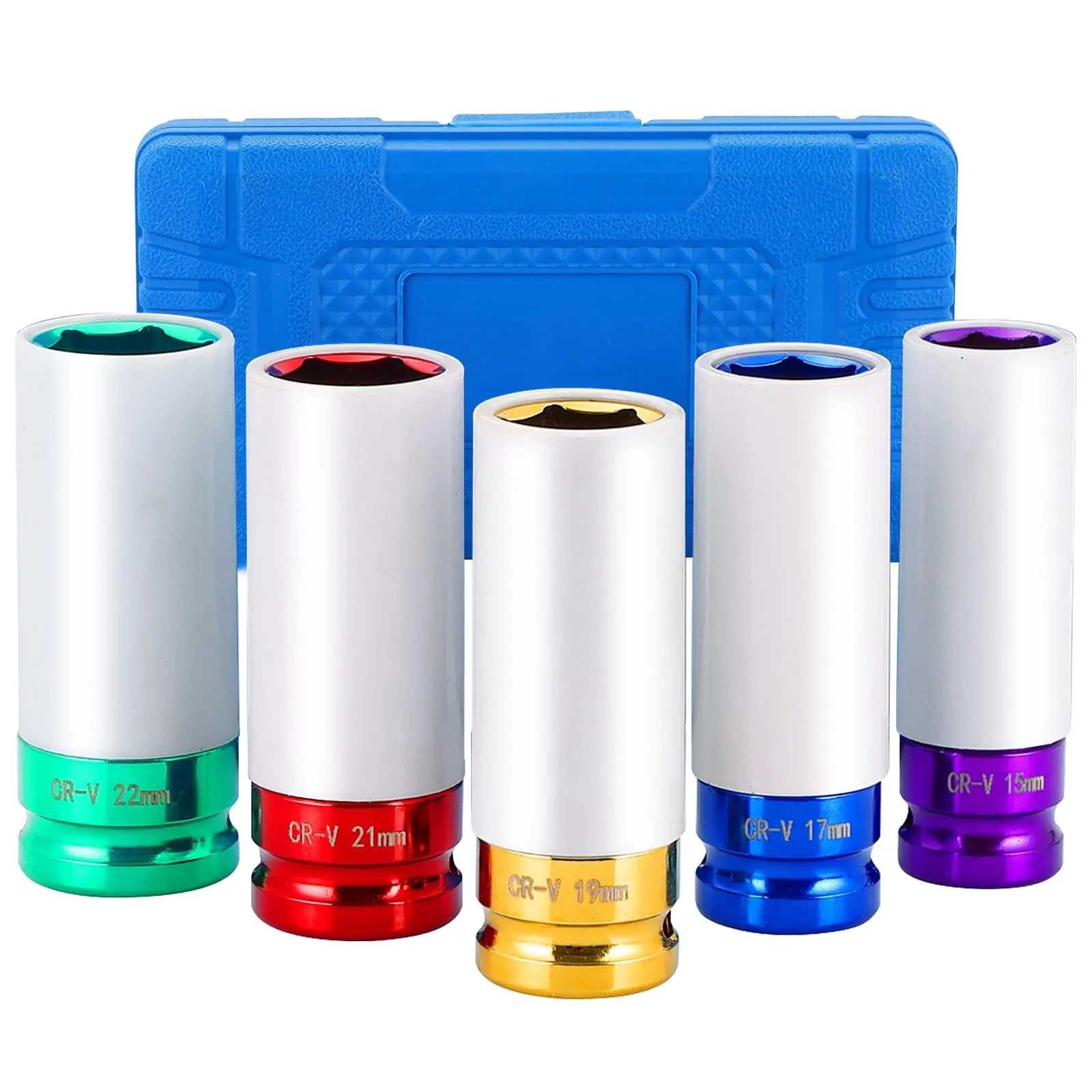 5-Piece HUB Nut Kit, Wheel Rim Protector Impact Socket Set, Deep Non-Wear Thin Wall Impact Socket Set, Impact Sockets Set, Color-Coded Metric 15-22mm
