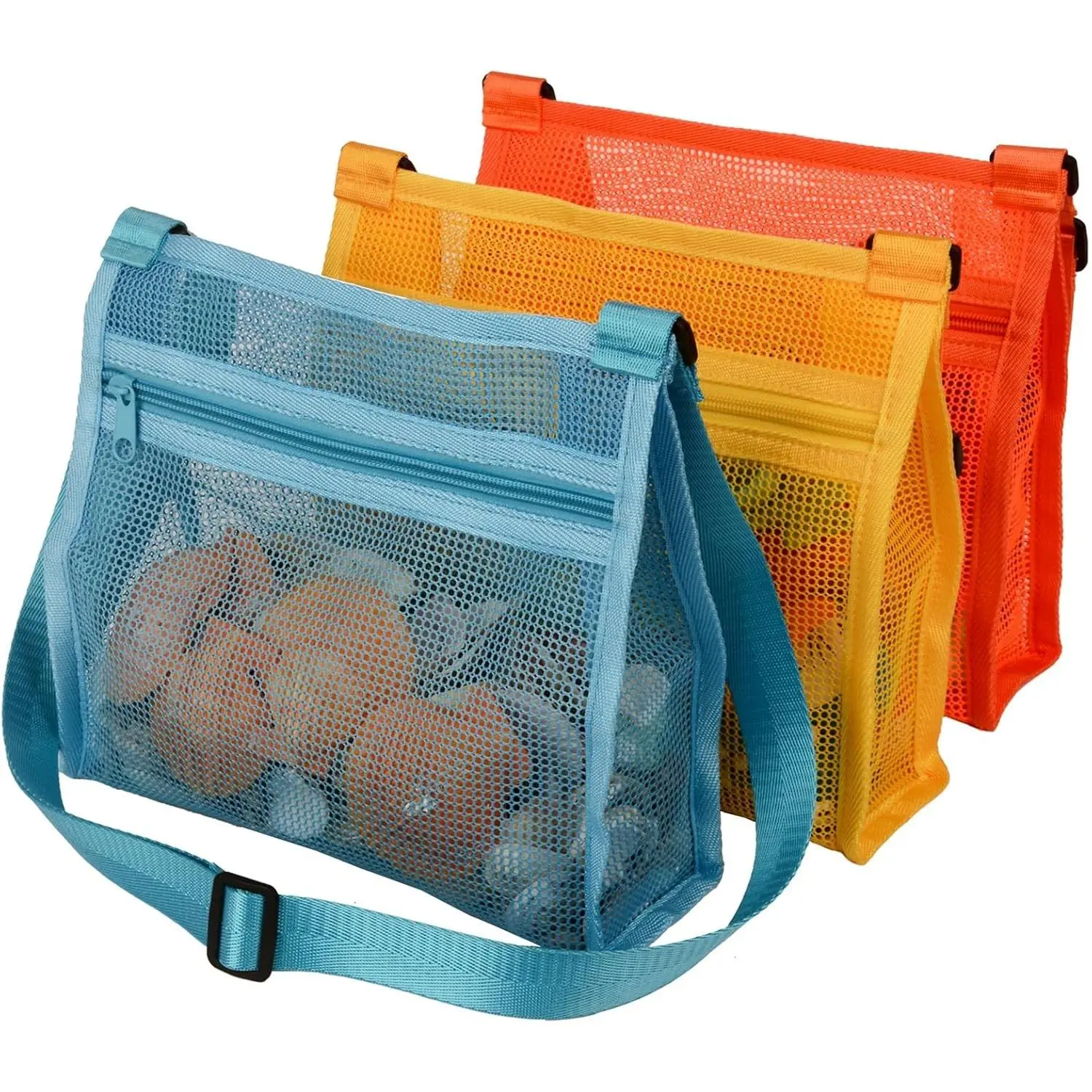 Mesh Beach Bag for Shells Collecting 3 Pack, Shell Bags for Beach, Beach Shell Bag for Kids, Sea Shell Bags for Picking Up Shells, Sand Toys Swimming Accessories for Boys and Girls