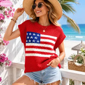Yolabra American Flag Open-Knit Sleeveless Sweater Top Patriotic Star & Stripe Knit Dolman Cap Sleeve Blouse Casual Fourth Of July Flag Knit Sweater Vest Breathable Open-Knit Patriotic Summer Top Relaxed Fit American Flag Knit Pullover