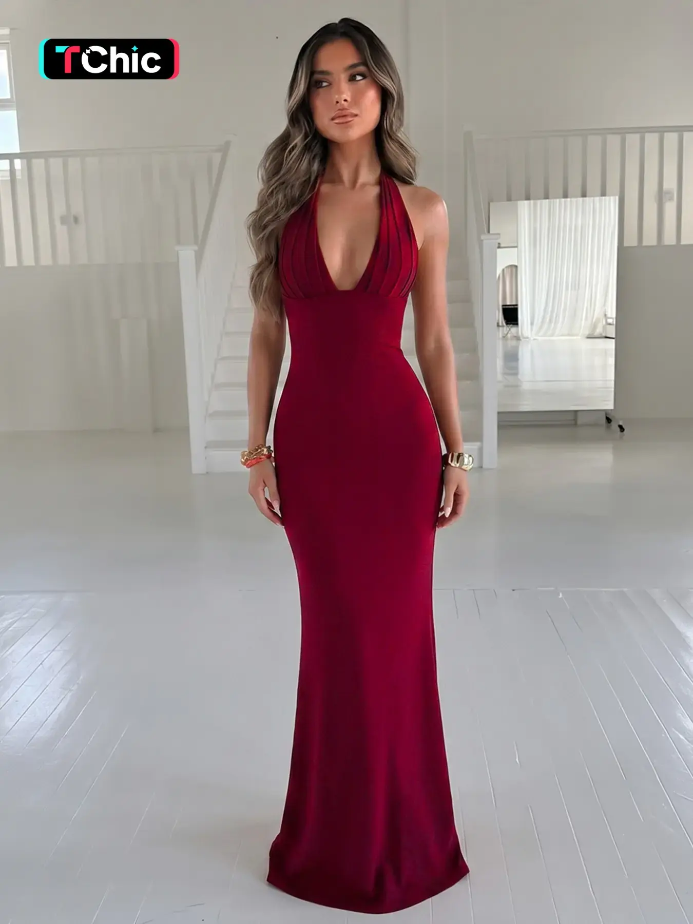 Hawthaw Women's V Neck Tie-back Bodycon Halter Dress, Ruched Sleeveless Backless Lace-up Slim Fit Solid Color Long Dress, Party Club Date Dinner Evening Gown Formal Dress, All Seasons Daily Casual Commuting Dresses, Formal wear