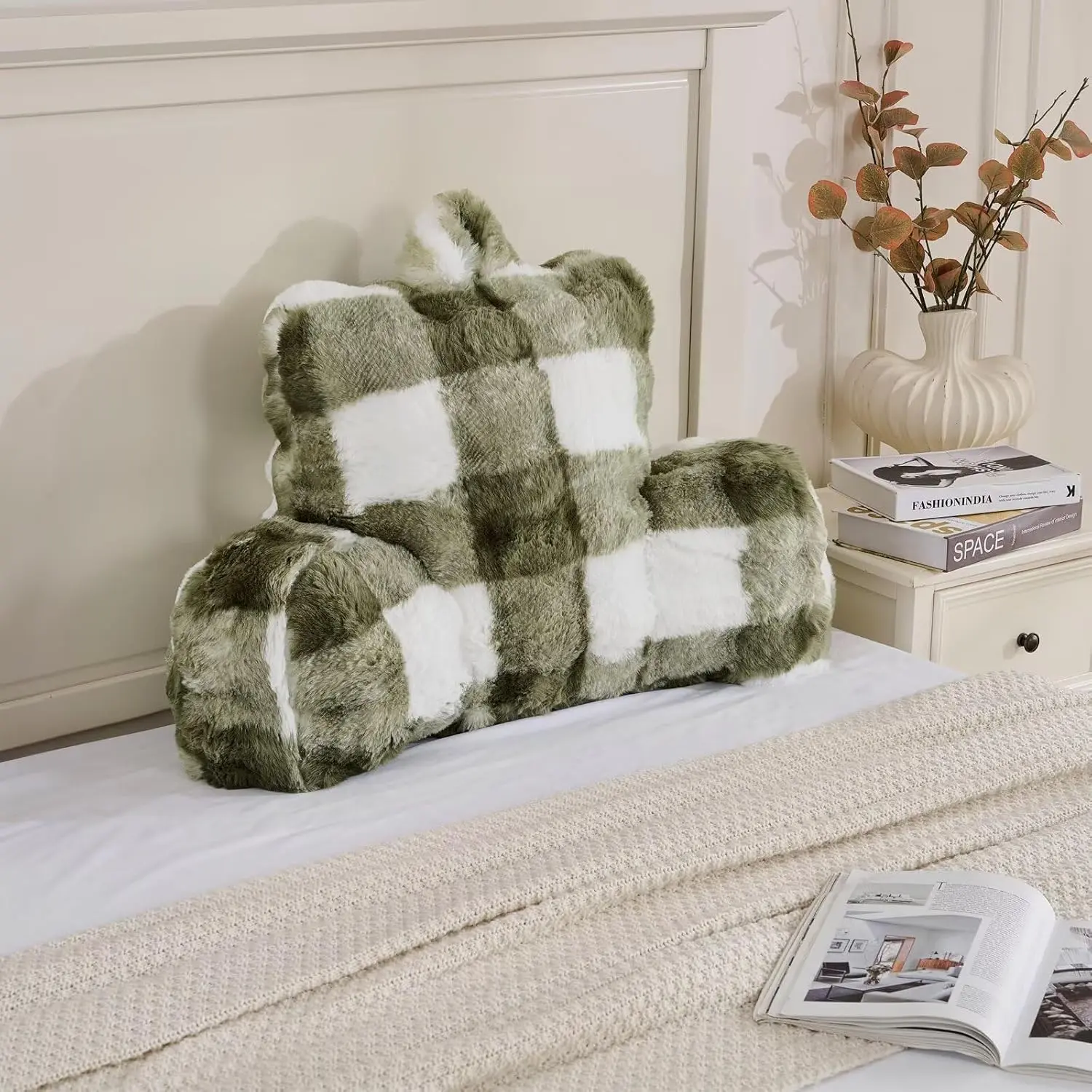 Reading Pillows for Boyfriend Adult,  Pillow Bed Wedge Large,  Rest Support Cushion for Sitting Up in Bed/Couch for Bedrest 18inch-Sage Green Grid Print