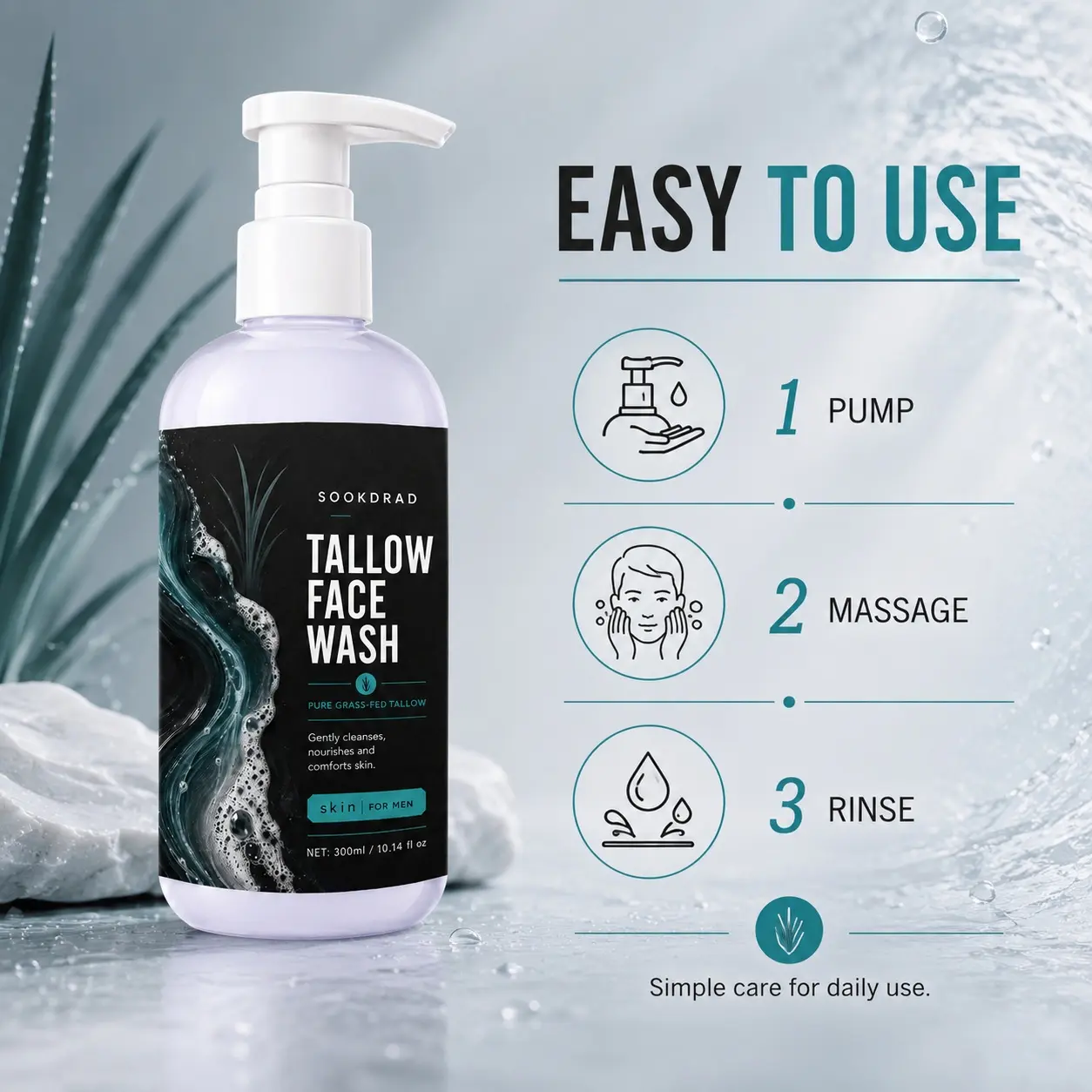 Tallow Face Wash, pure grass-fed tallow, gently cleanses, nourishes, comforts skin, for men, face, 10.14 fl oz