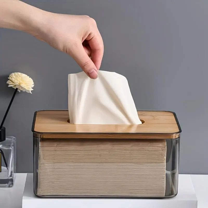 1pc Modern Transparent Tissue Box Holder with Wood Cover and Base - Bathroom Gadget for Toilet Paper Storage, Minimalist Home Decor