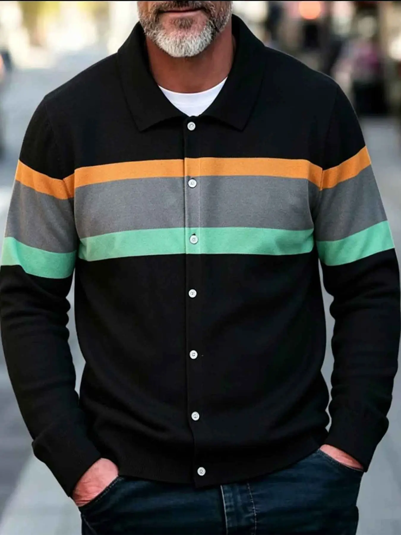 1 Piece Mens Striped Knit Polo Jacket, European American Casual Fashion Style, Color Block Panel, Full Button Closure, Breathable Stretch Knit, Relaxed Fit, For Men Spring Autumn Daily Outdoor Dating