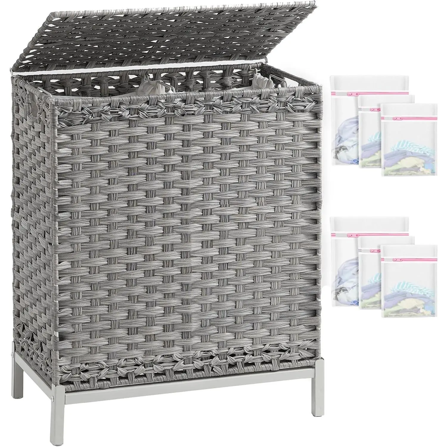 Laundry Hamper with Lid, 112 L Handwoven PE Rattan Wicker, Gray | 2-Section Large Basket, 2 Removable Liner Bags, Heightened Metal , 6 Mesh Laundry Bags, Foldable Side Handles