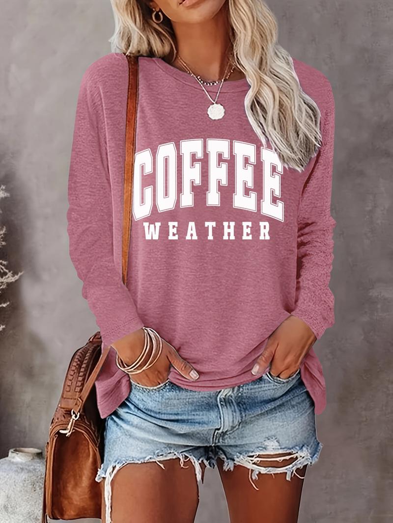 Women's Letter Print Crew Neck T-shirts, Casual Long Sleeve Round Neck T-shirts for Spring & Fall, Fashion Women's Top for Daily Wear