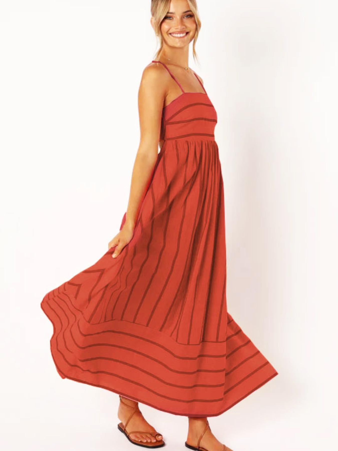 Women's Striped Print Cami Spaghetti Strap Sleeveless Dress, Fashion Casual Long Dress for Daily Outdoor Wear, Ladies Dress for Summer