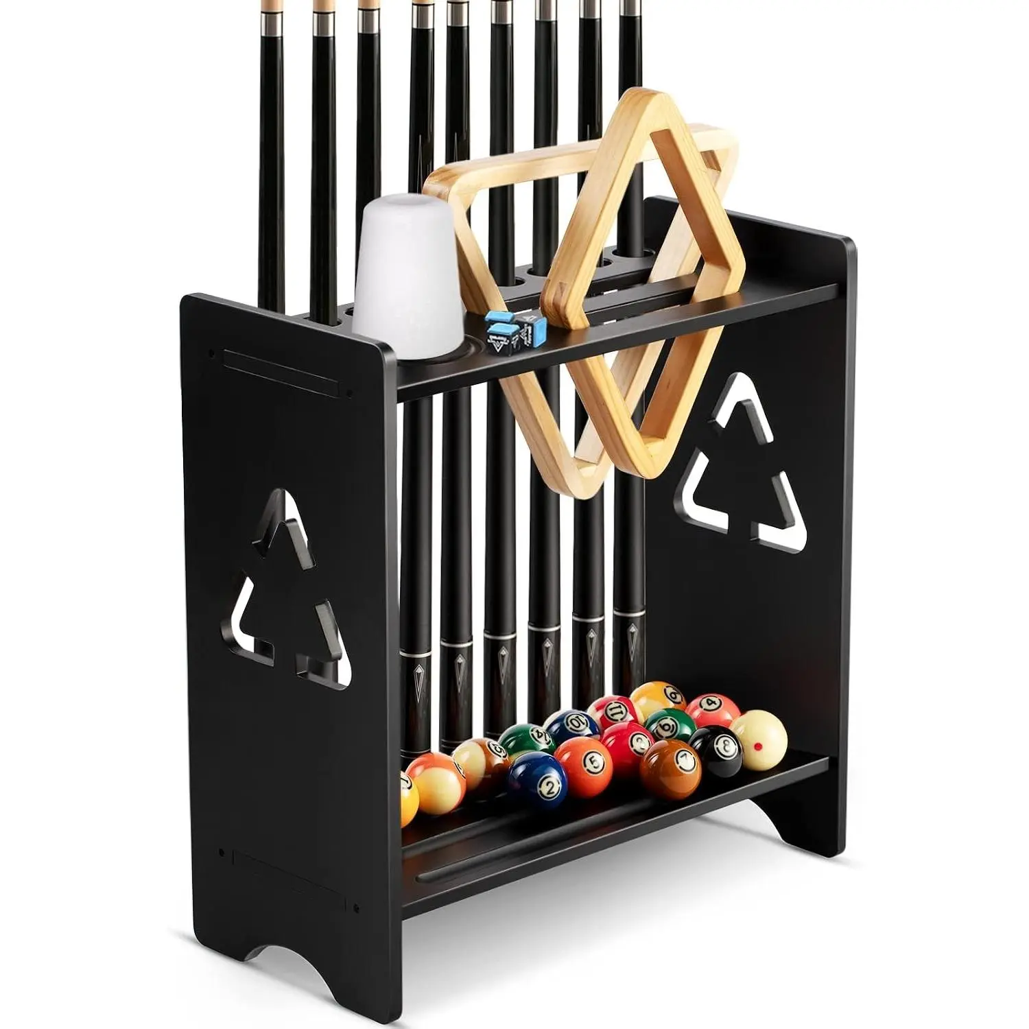 Pool Stick Holder Floor Stand- Billiards Pool Cue Rack Oak Solid Wooden Holds 9 Cues and Pool Table Accessories Organizer with Chalk Cone Holder for Game Room Club or Men Cave