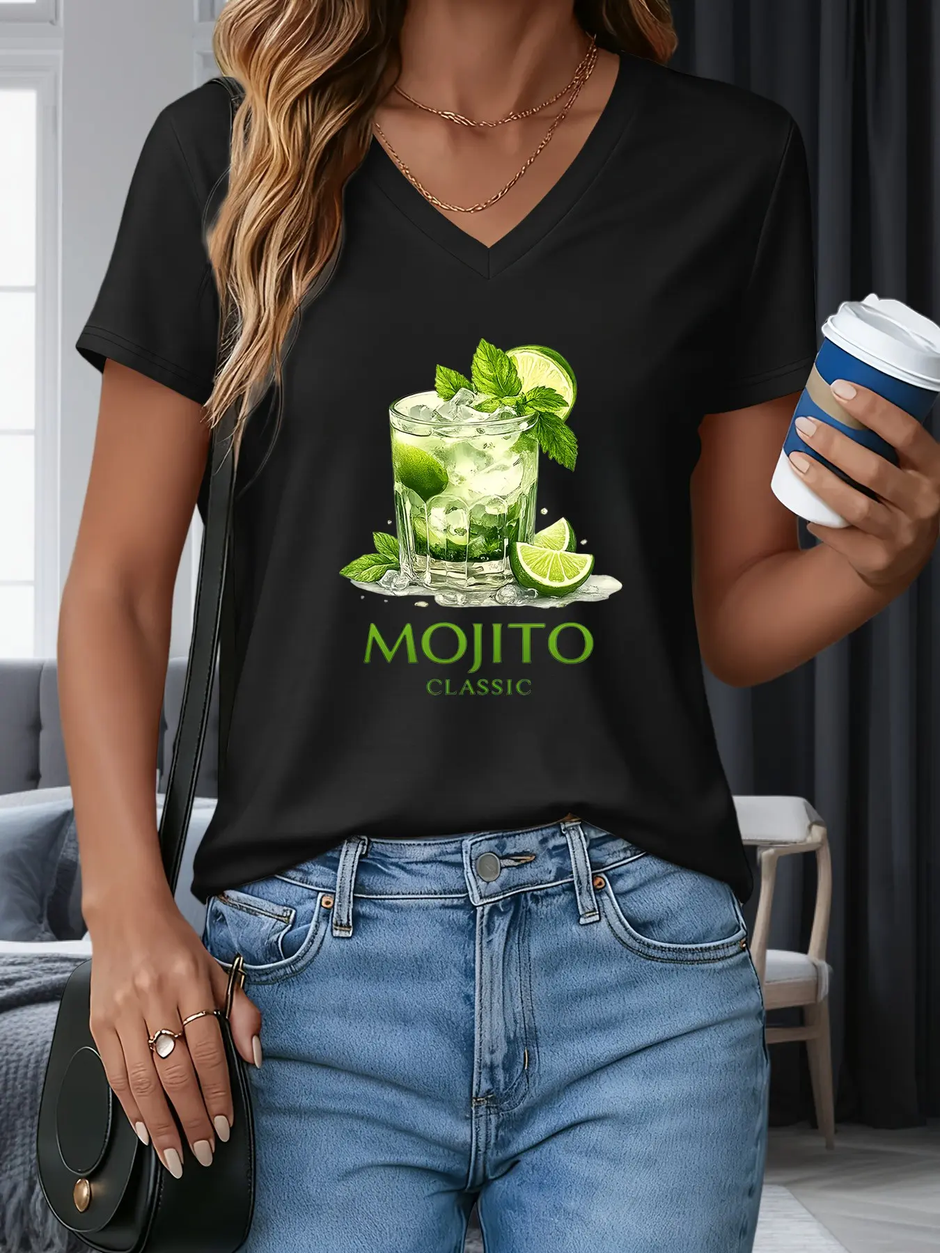 Women's Fashion V Neck Short Sleeve T-Shirt, Mojito Cocktail Lemon Print, Casual Summer Top, Fitted H-Type