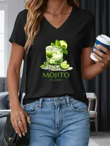 Women's Fashion V Neck Short Sleeve T-Shirt, Mojito Cocktail Lemon Print, Casual Summer Top, Fitted H-Type