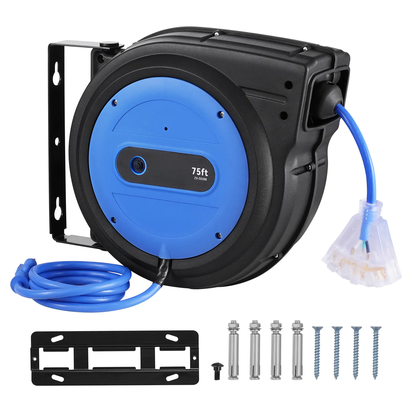 Retractable Extension Cord Reel, 75 FT, Heavy Duty 14AWG/3C SJTOW Retractable Power Cord with Lighted Triple Tap Outlet, 13 Amp Circuit Breaker 180° Swivel Bracket for Ceiling or Wall Mount