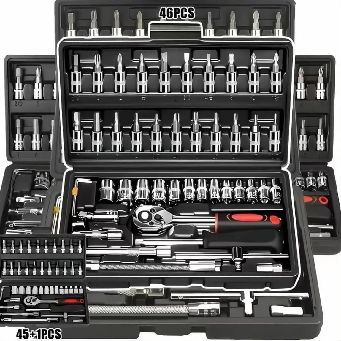 46-Piece Car Socket Wrench Set, Ratchet Socket Tool Kit, Includes 1/4 Inch Sockets, Ratchet Wrenches, Essential Automotive Tools