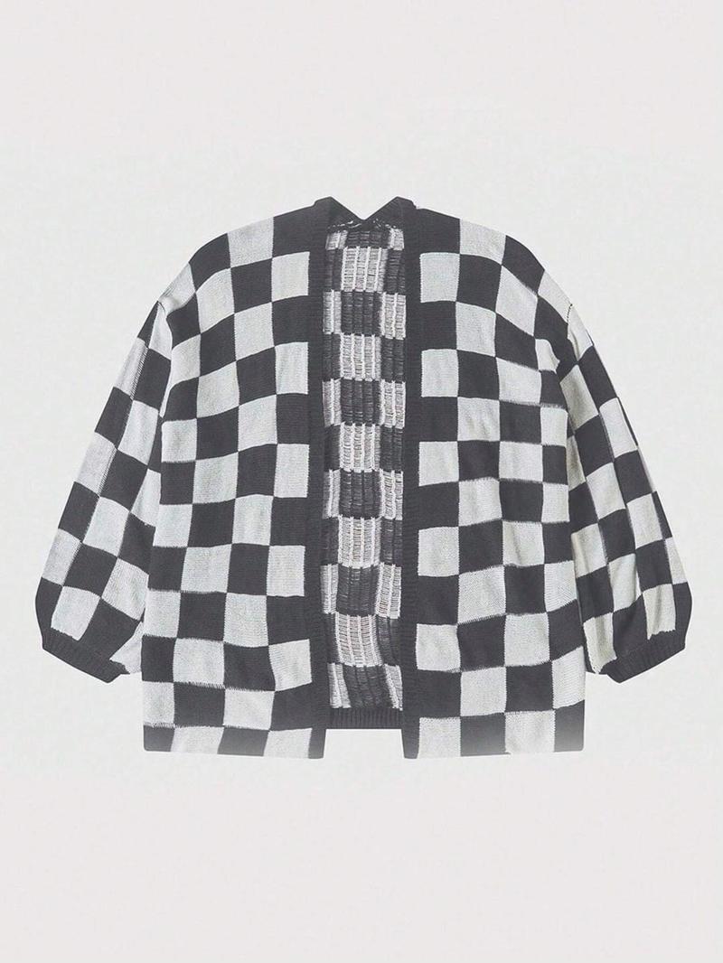 Women's Checkerboard Print Bishop Sleeve Open Front Cardigan, Fashion Casual Long Sleeve Knitwear for All Seasons, Women's Knit Clothing for Daily Wear, Cardigan for Women