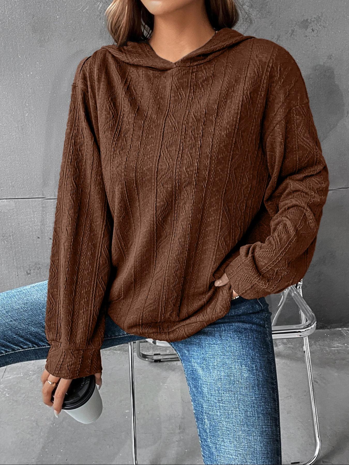 Plus Size Solid Color Hoodie Casual Long-Sleeve Hooded Sweatshirt, Casual Hooded Sweatshirts, Y2K Summer Daily Wear, Comfortable Relaxed Fit, Textured Knit Detail, Party Casual Wear