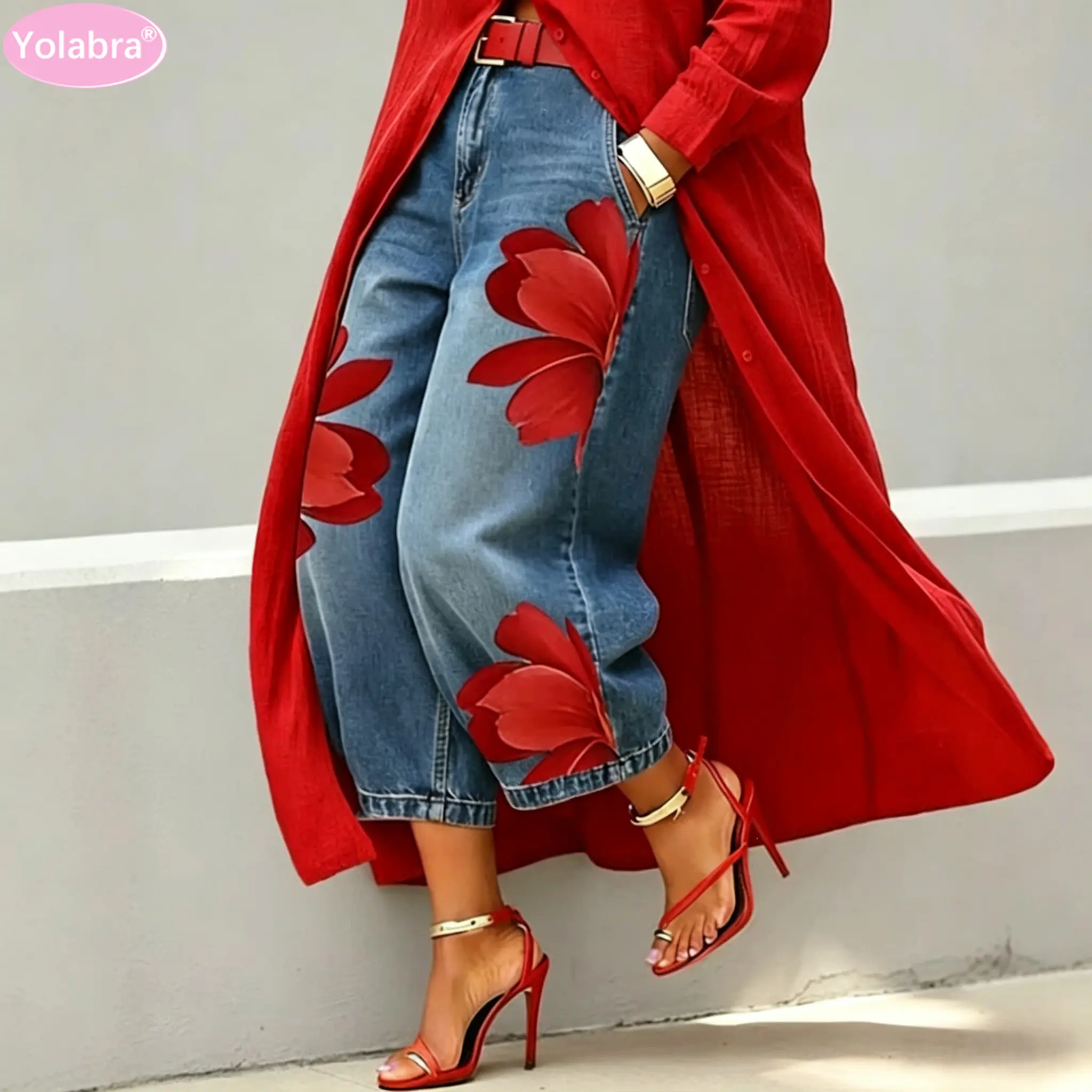 Yolabra New Women Floral Print Faux Denim Nine Point Straight Wide Leg Pants Mid Rise Loose Soft Lightweight Casual Street Travel Dating Trendy Retro Floral Pattern Comfy Daily Chic Ladies Imitation Jean Trouser