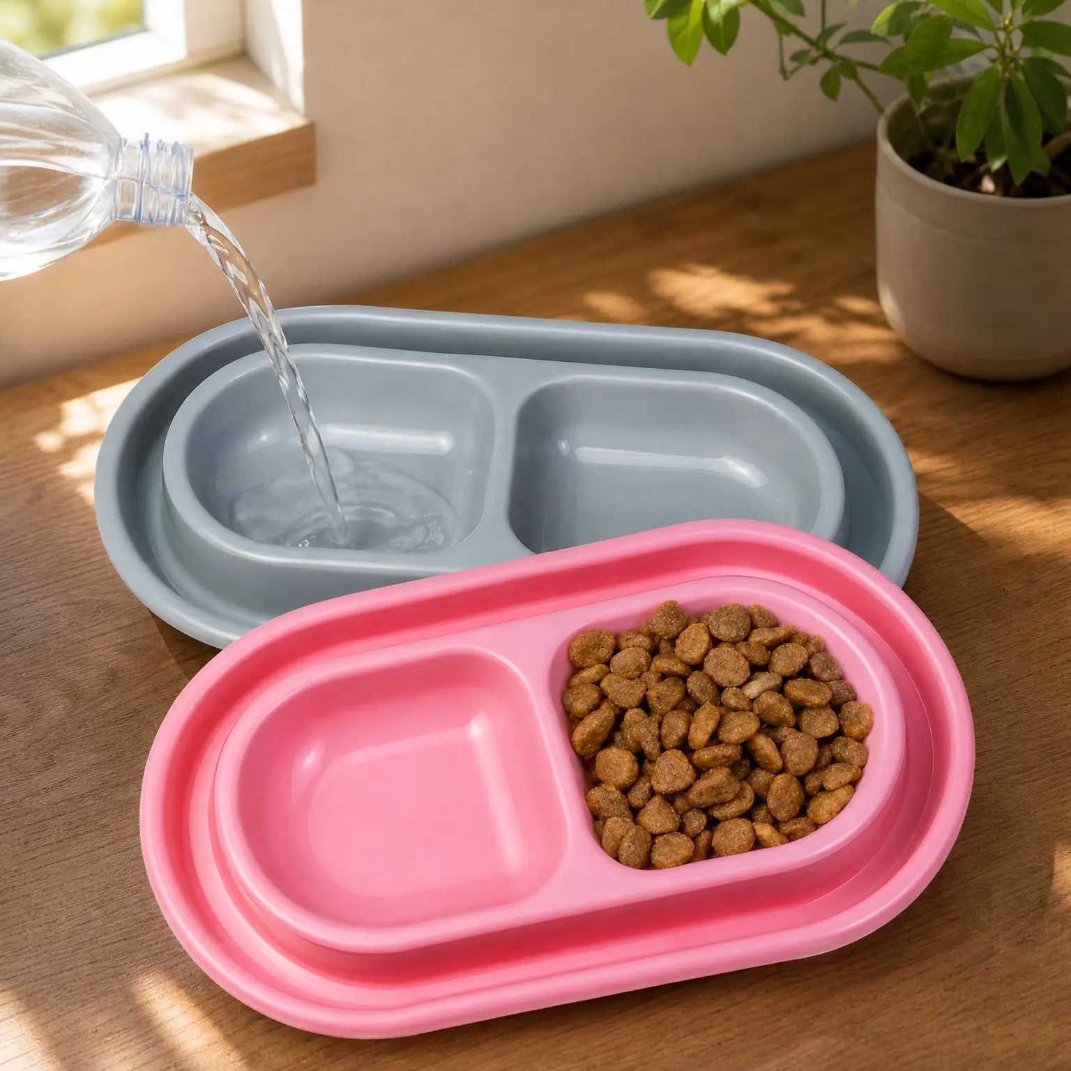 Double Pet Bowl with Water Moat, Spill-Proof Outdoor Cat Feeder, Ant-Proof, Easy Clean, Lightweight Plastic Food & Water Bowls for Outdoor Cats (Small, 2 Packs)Gift
