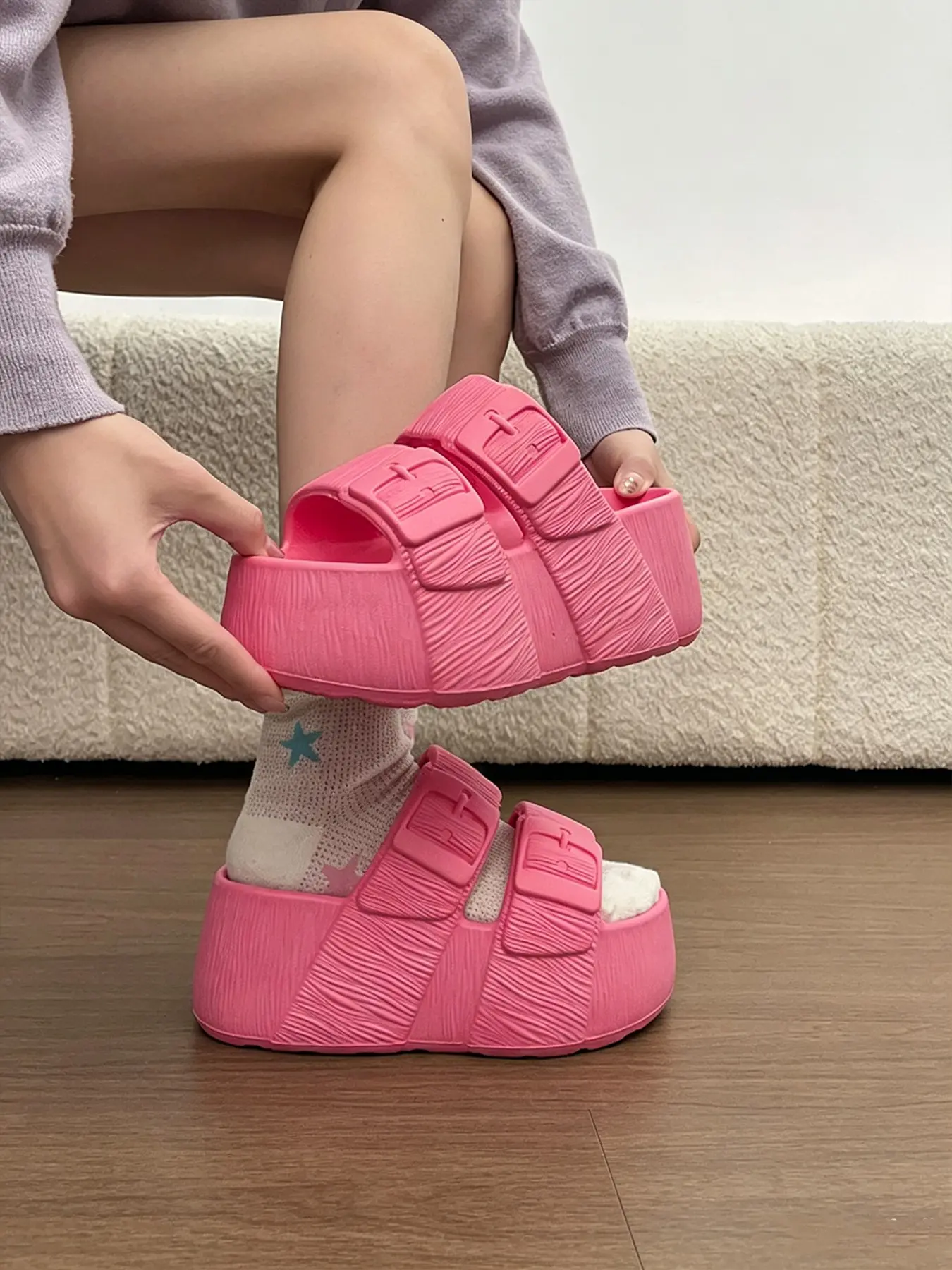 Women's Fashion Dual Buckle Thick Sole Sandals, Eva Cloud Sandals, Non-Slip Indoor Outdoor Slippers, Casual Narrow Fit, Thick Soled Slippers