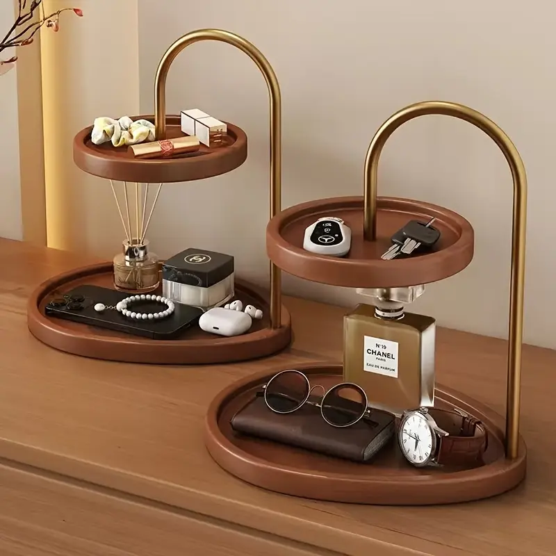 Wooden 2-Tier Tray Organizer, Gold Metal Handle Round Decorative Storage Tray, Countertop Perfume Tray, Desktop Vanity Jewelry Cosmetic Key Perfume Display Rack for Home Dresser Decor