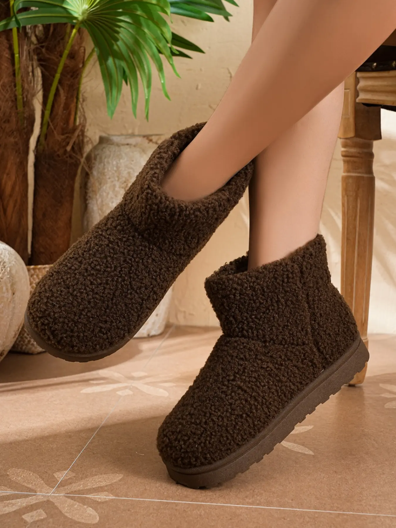 Women Teddy Fleece Snow Boots, Warm Fuzzy Short Ankle Booties, Fashion Winter Footwear, Textile Upper, Rubber Sole, Plain Pattern