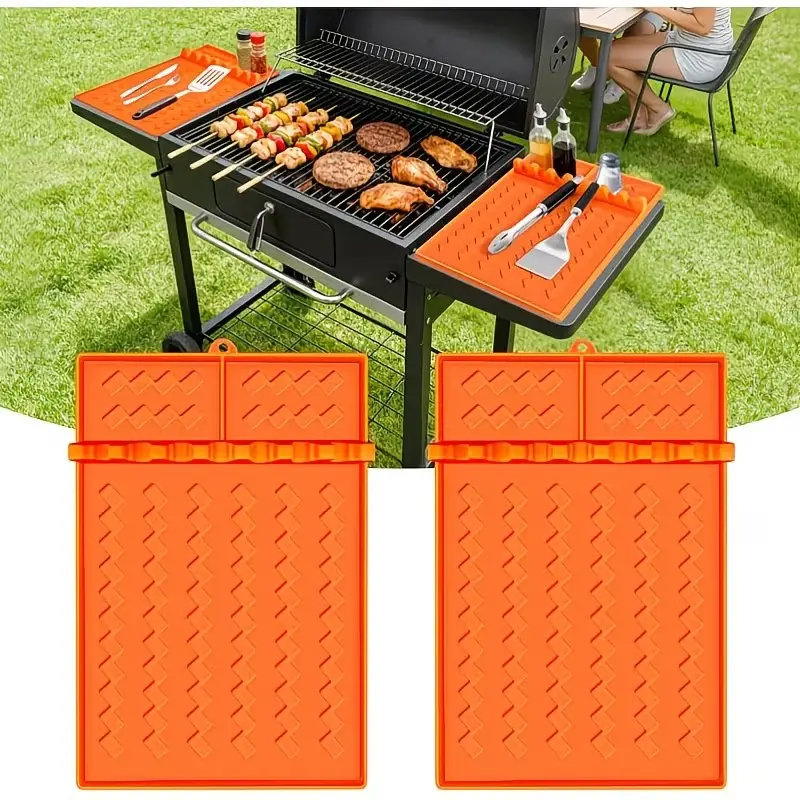 2-Pack Silicone Grill Mats, Compatible with Silicone Baking Pans, Water-Resistant Edge Shelf Scraper Mat, 16.5" X 11.5", Outdoor BBQ Accessories, Grilling Tools