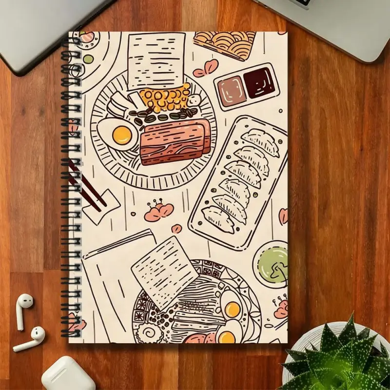 A Japanese-style food illustration spiral notebook with a delicate cover featuring a variety of food patterns, full of charm. The inner pages are practical, suitable for work notes, study notes, daily plans, and more.