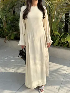 Flare Sleeve Abaya Maxi Dress, Minimalist Modest Ramadan Style, Pleated Waist, Flared Cuffs, Breathable Linen Blend, Ideal for Iftar/eid