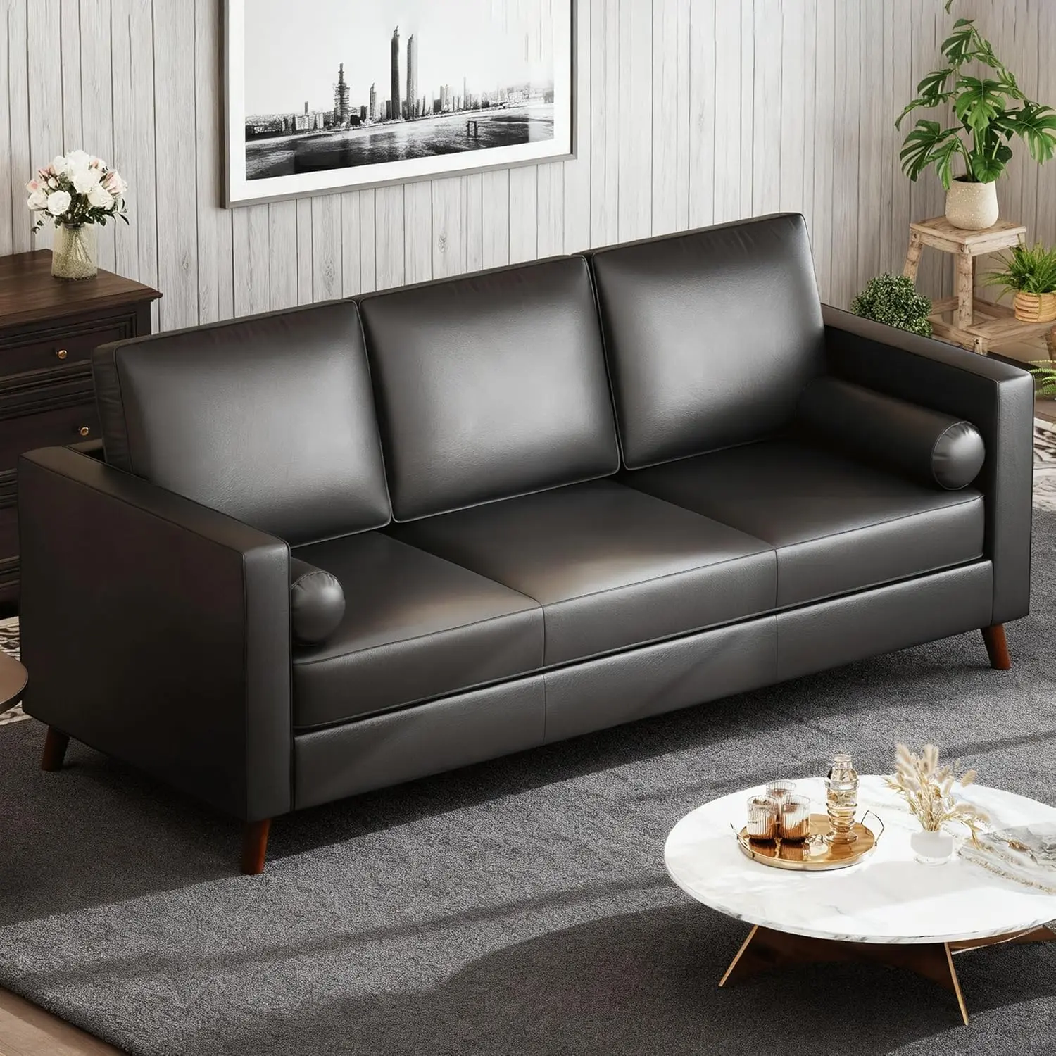 86" Modern Leather Sofa, Mid-Century Couch for Living Room with Deep Seats, Brown Faux Leather 3-Seat Sofa with Removable Cover for Apartment & Office