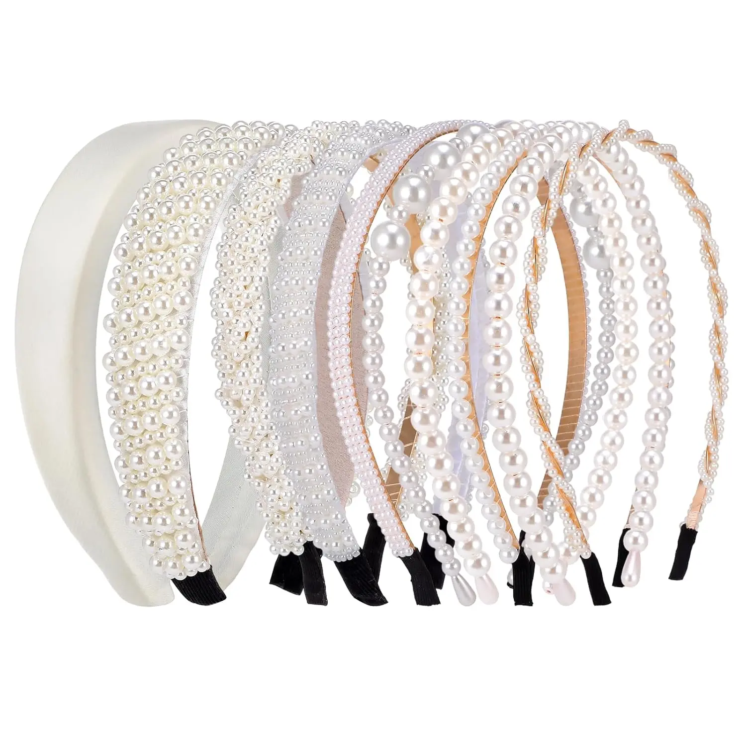 Women's Non-Slip Padded Pearl Headbands (10 PCS) with Pearl Accents - Bridal Party Wear Hair Accessories for Wedding, Party, Hairbands