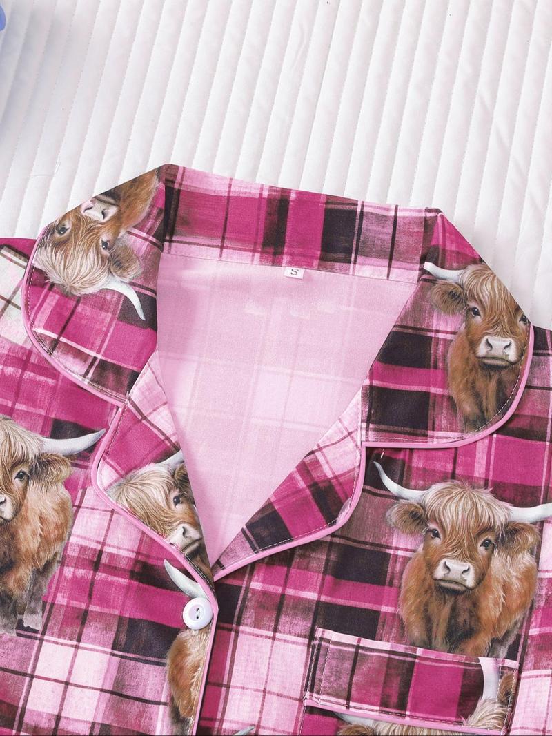 Women's All Over Cow Print Shirt & Elastic Waist Shorts Pyjama Two-piece Set, Casual Comfy Pajama, Casual Comfy Short Sleeve Top & Shorts PJ Set, Ladies Sleepwear for All Seasons, Loungewear